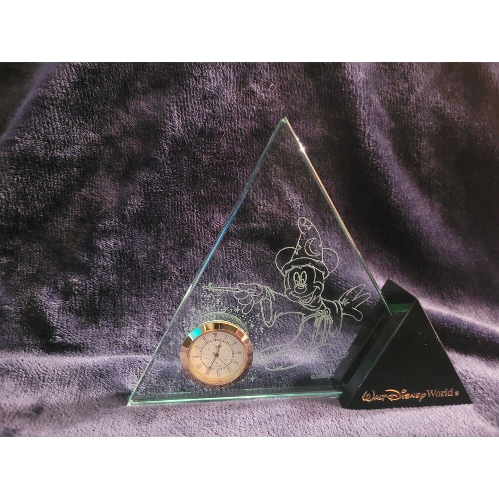 Disney World Mickey Mouse Time Works Glass Pyramid Desk Clock w/ Box Rare